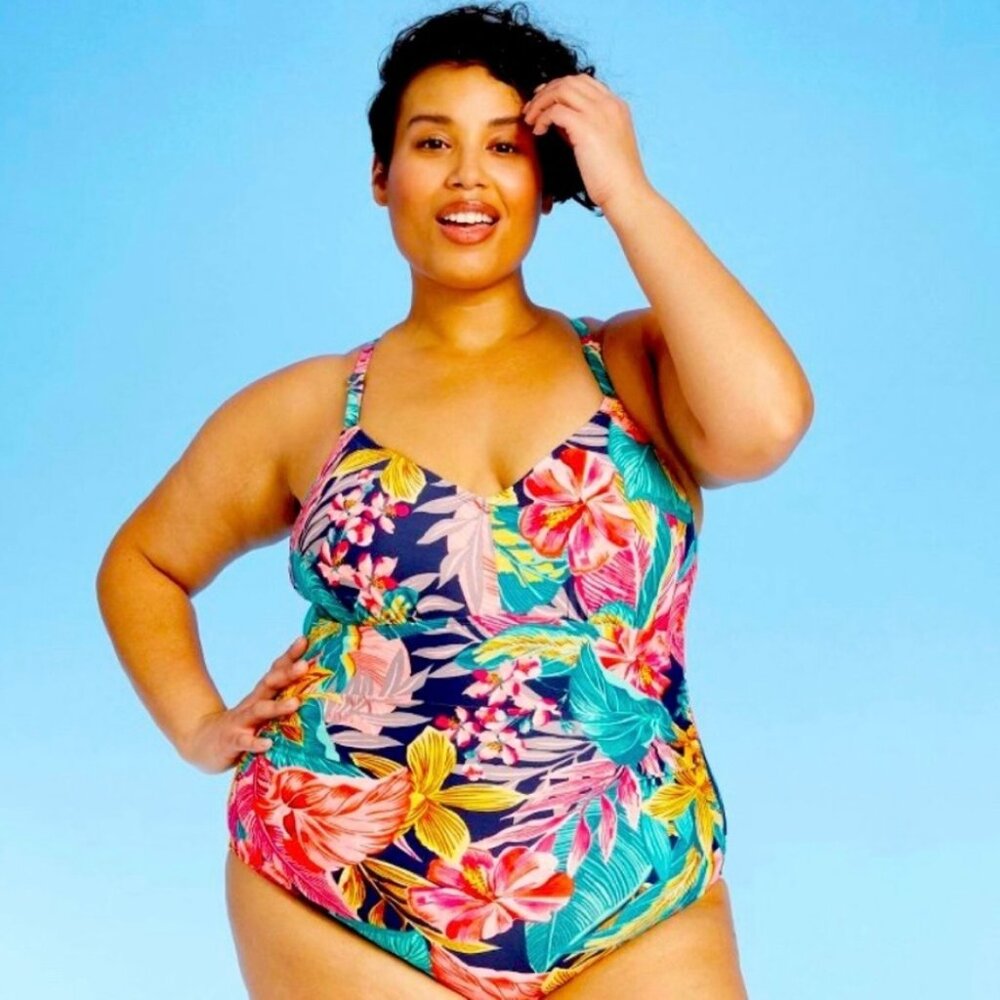 Kona Sol Floral Hibiscus One Piece Swimsuit Size 20W Bikini Strappy Ruched